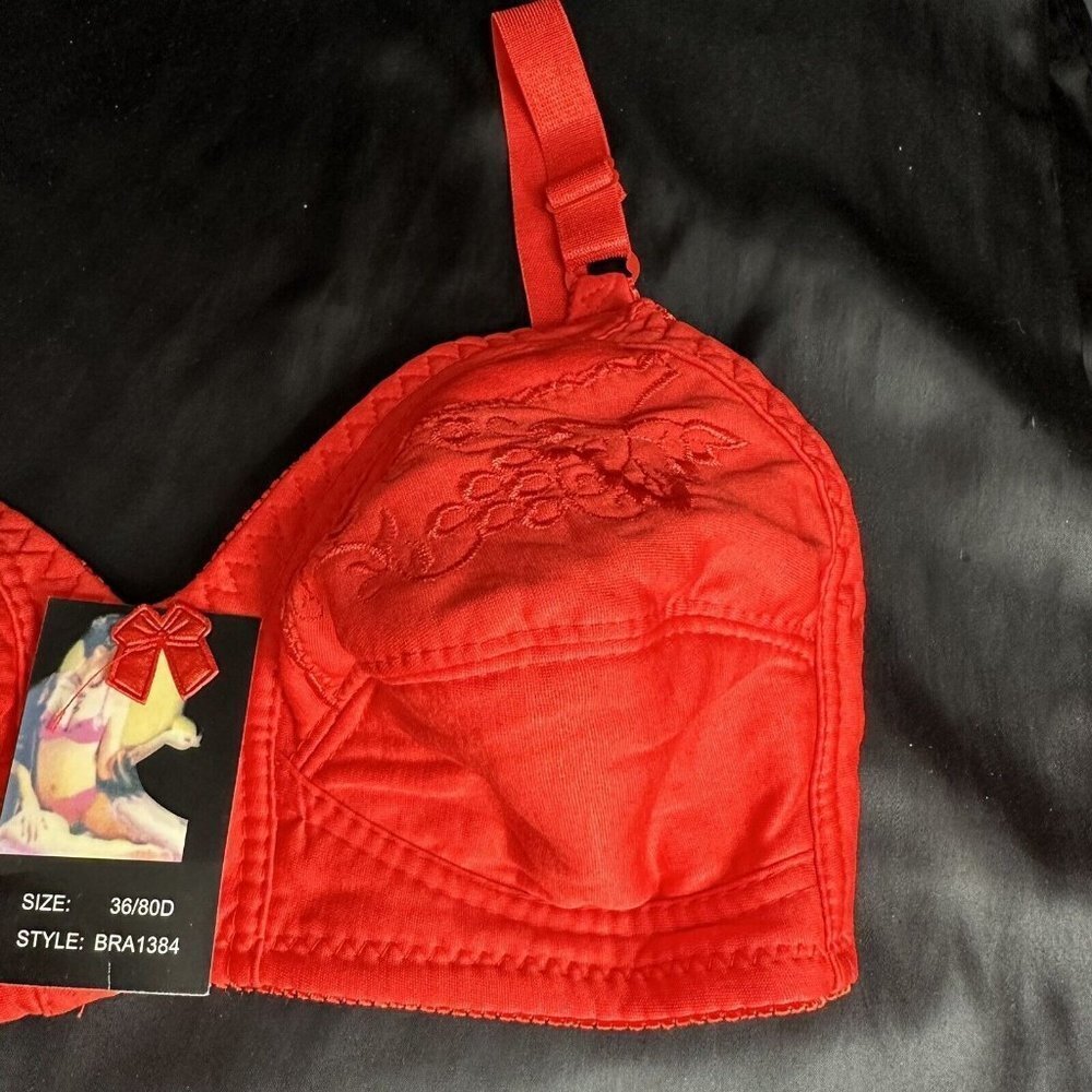 Red Bra 28C No Underwire Soft Comfortable Fit With Embroidered Floral Grapes - Picture 3 of 10